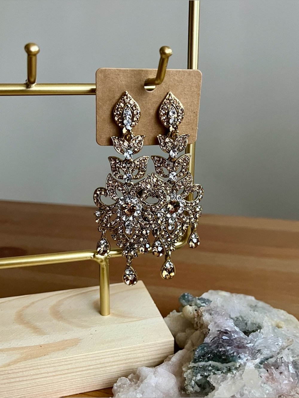Chandelier earrings Intricate gold-tone metalwork clear champagne rhinestones